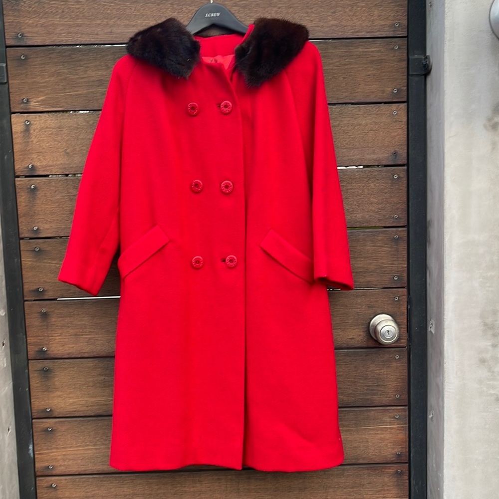 Vintage red coat with brown fur collar